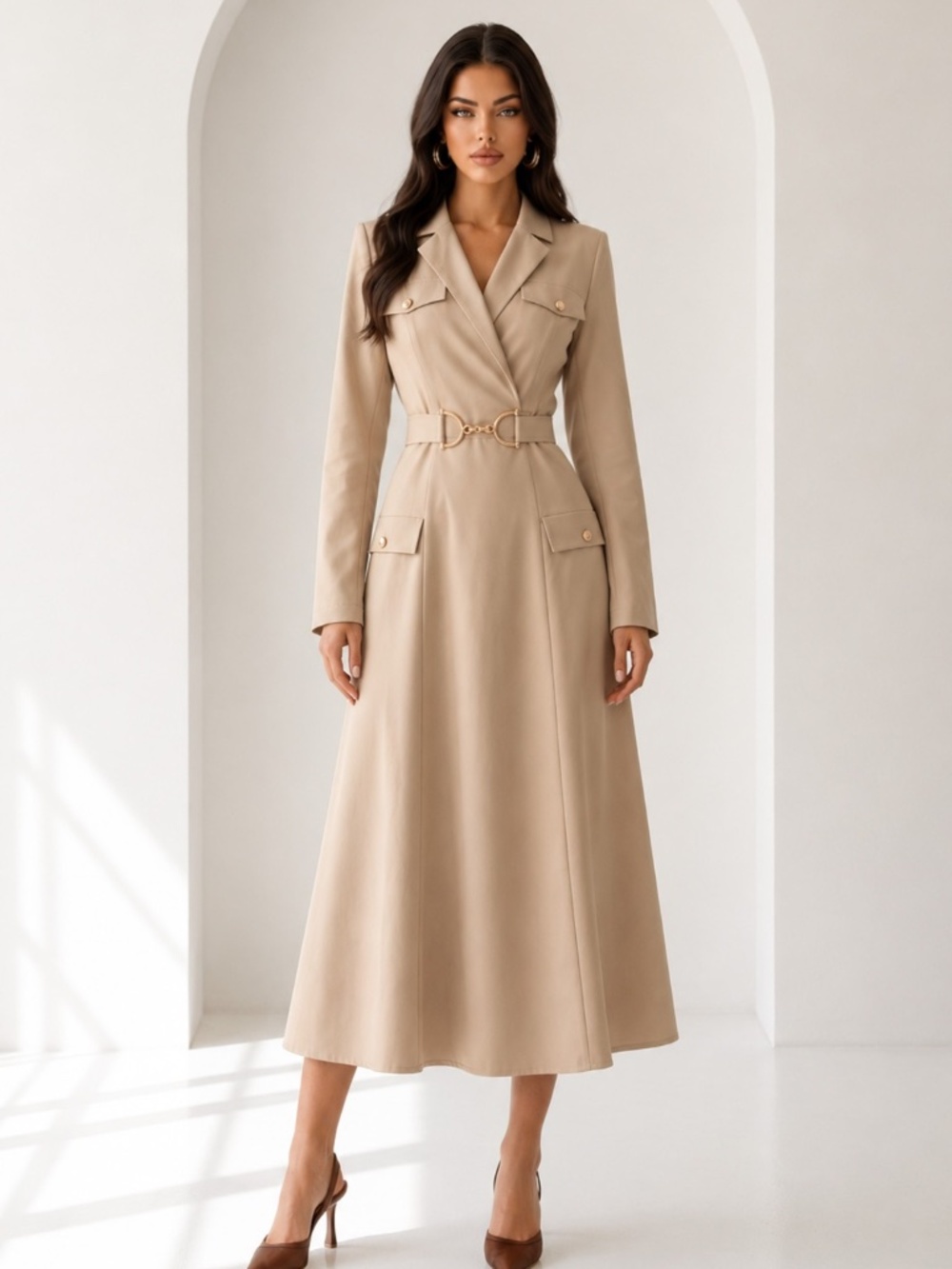 Elegant Cream Trench Dress With Gold Buckles NWT
